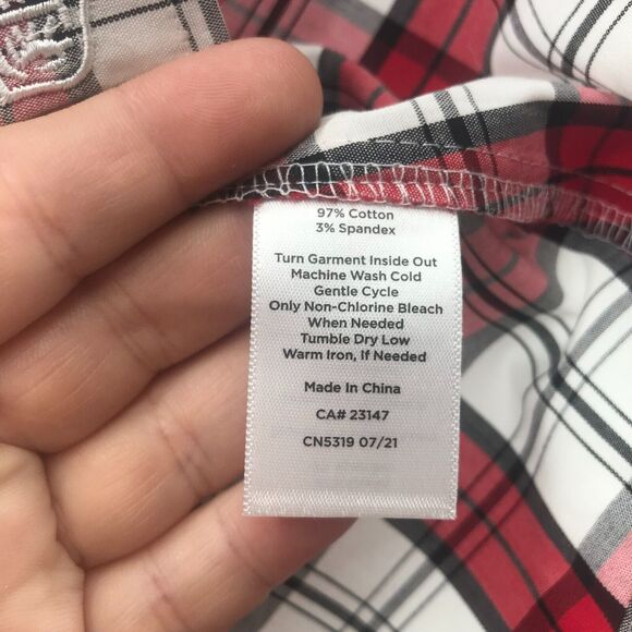 Talbots Top Womens 6 Red White Tartan Plaid Button Up Long Sleeve Cotton Stretch - Picture 7 of 12